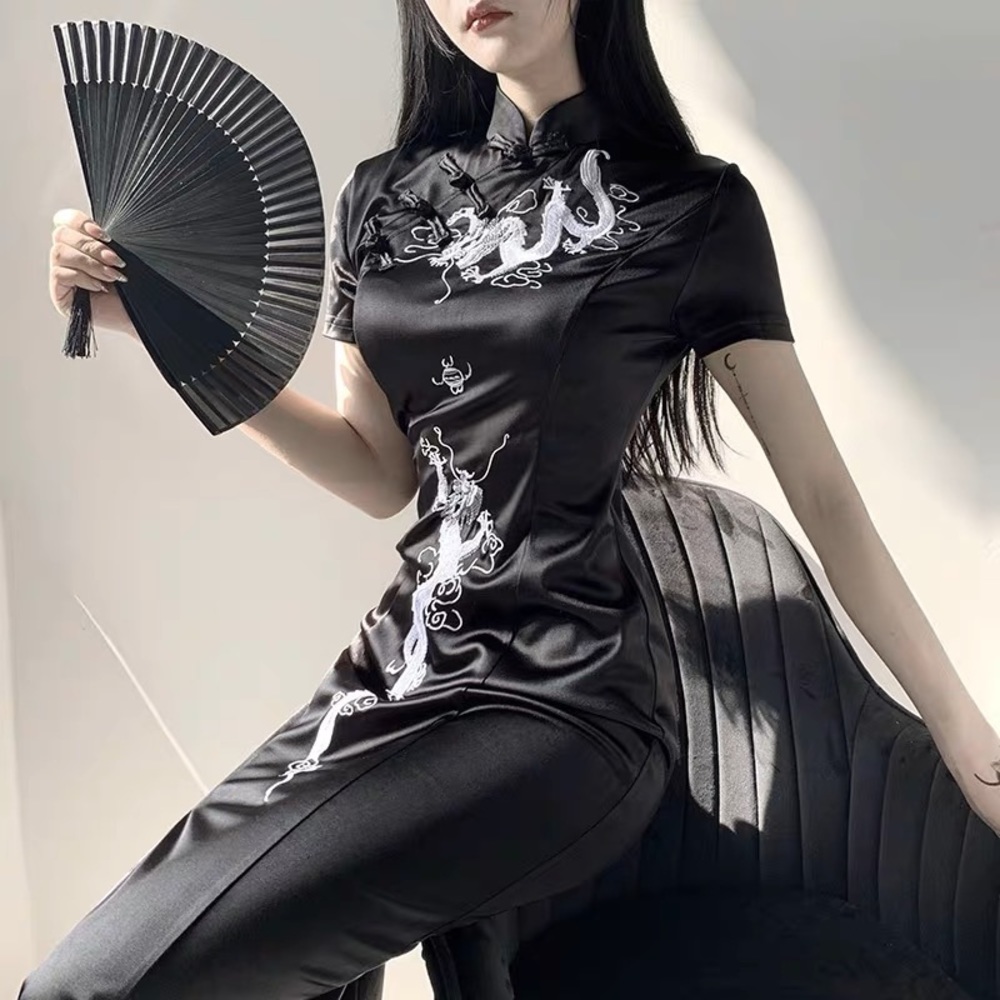Black and White Dragon Chinese Cheongsam Streetwear Style